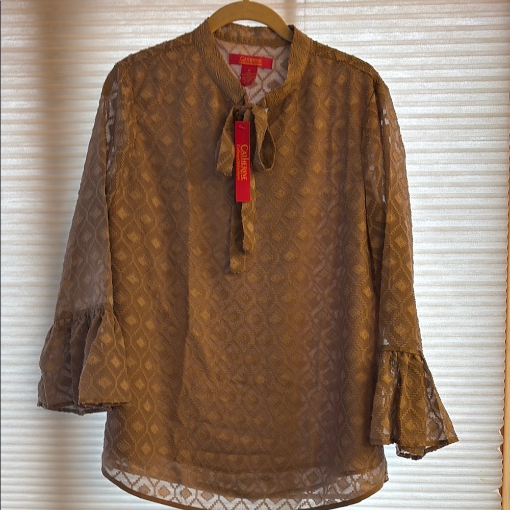 Catherine Malandrino Sheer Lace Tie-Neck Blouse in Mustard